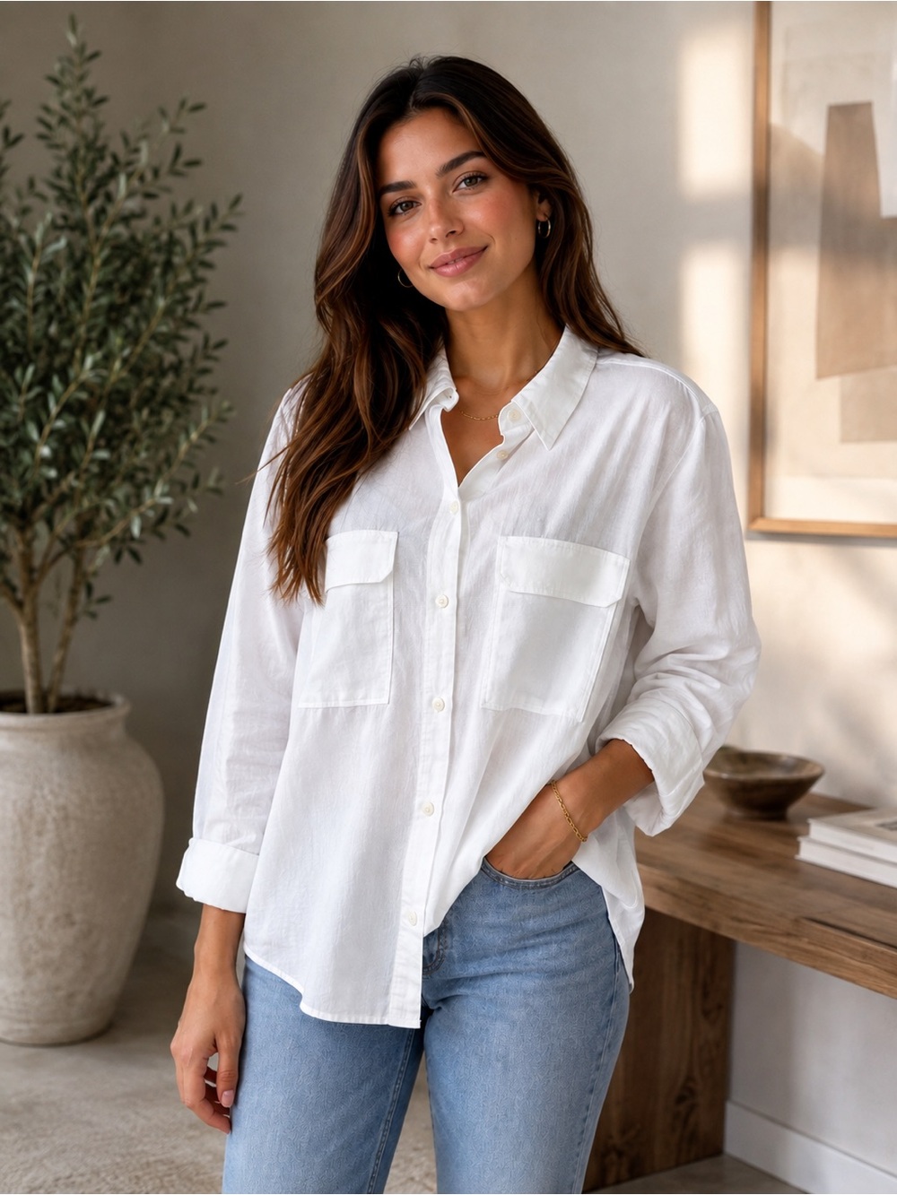 Zara White Button-Down Shirt with Chest Pockets